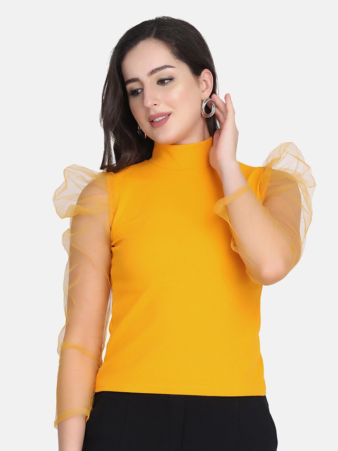 

BUY NEW TREND High Neck Long Puff Sleeves Regular Top, Yellow