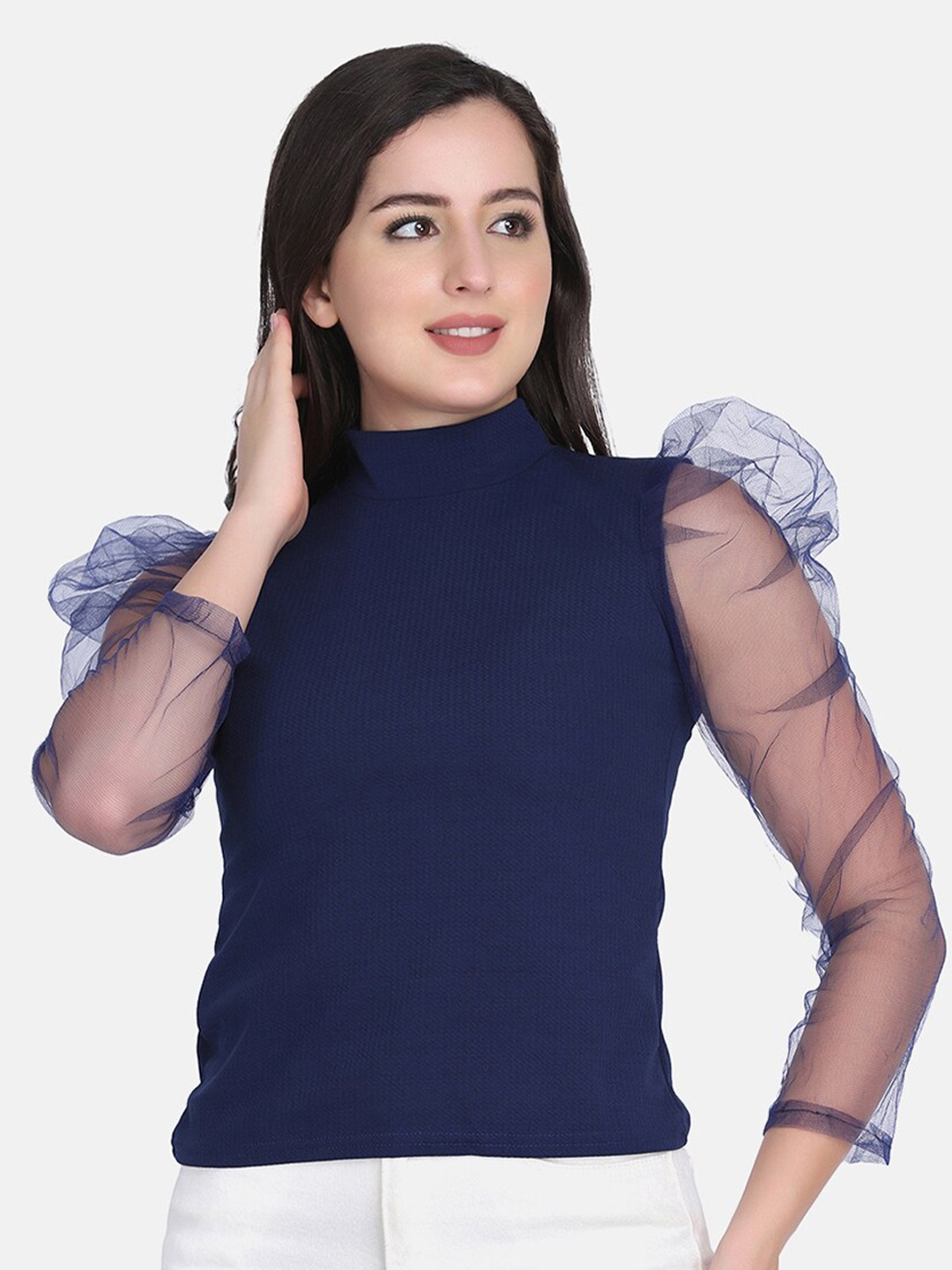 

BUY NEW TREND Puffed Sleeved High Neck Top, Navy blue