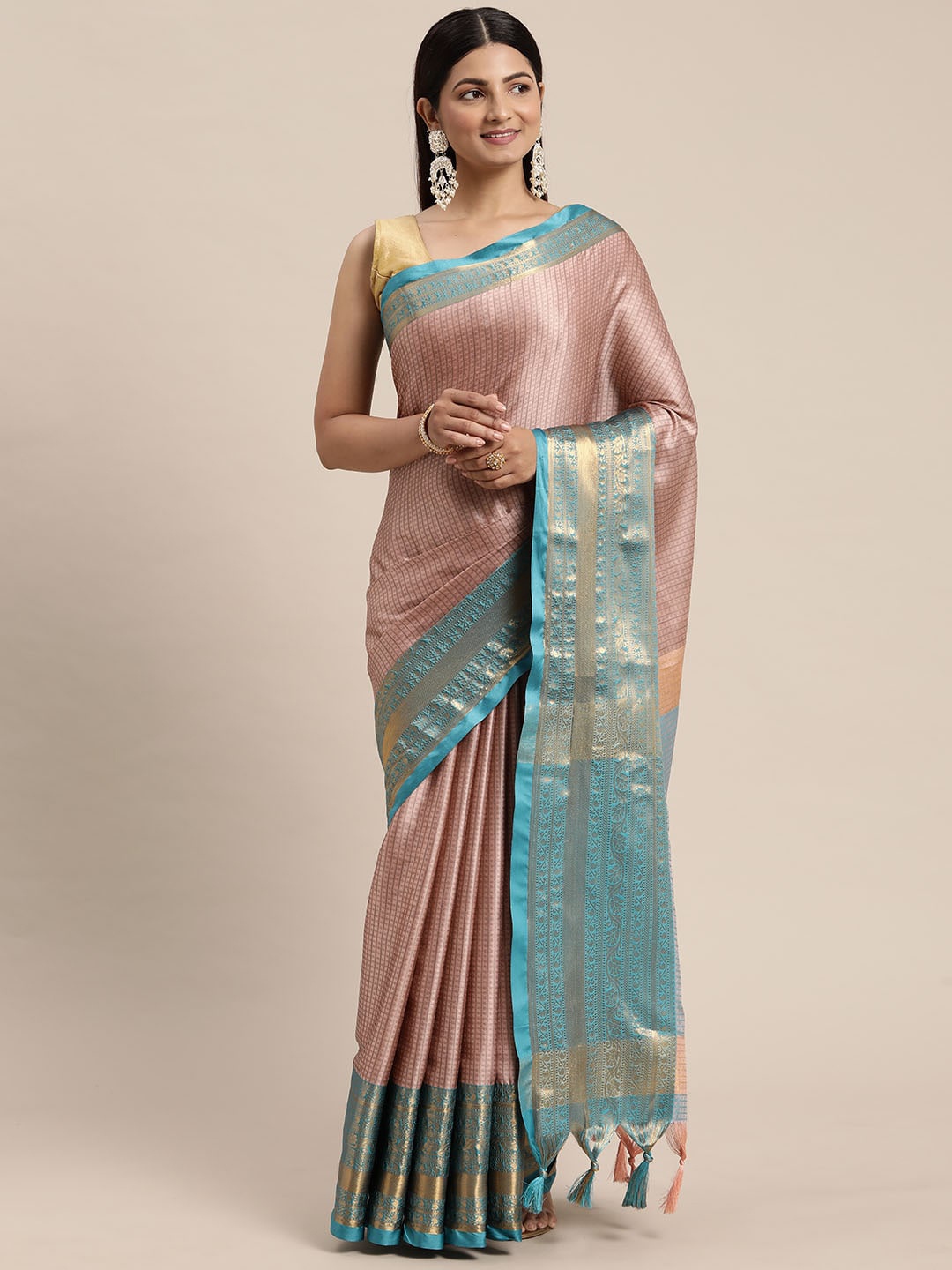 

WILORI Woven Design Zari Maheshwari Saree, Peach