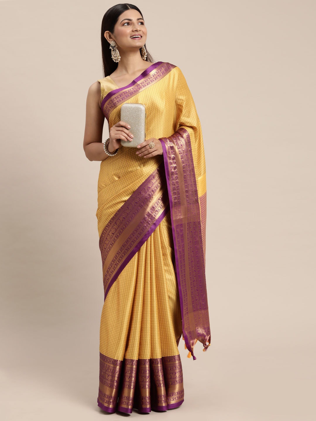 

WILORI Woven Design Zari Maheshwari Saree, Mustard