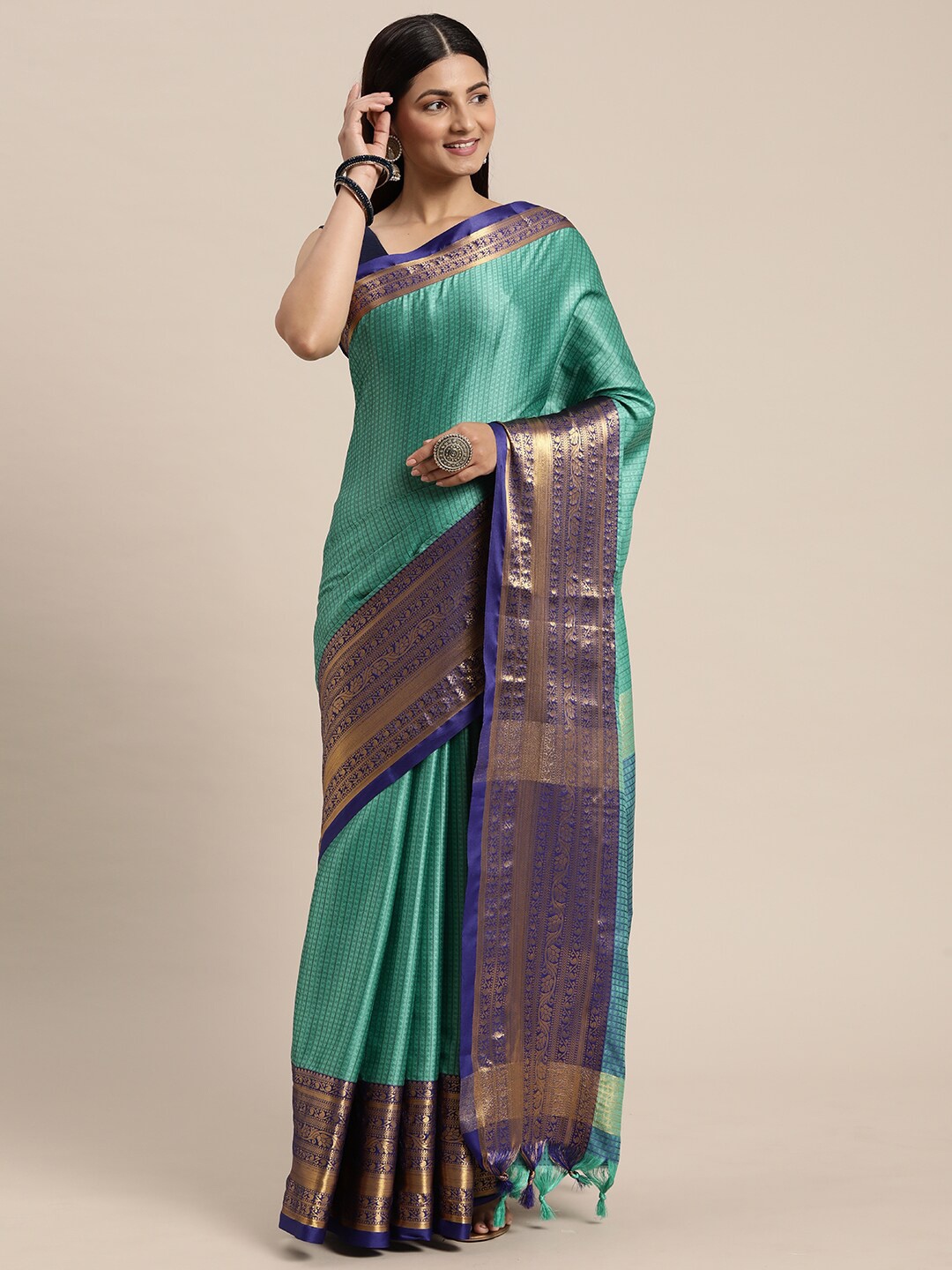 

WILORI Woven Design Zari Maheshwari Saree, Green