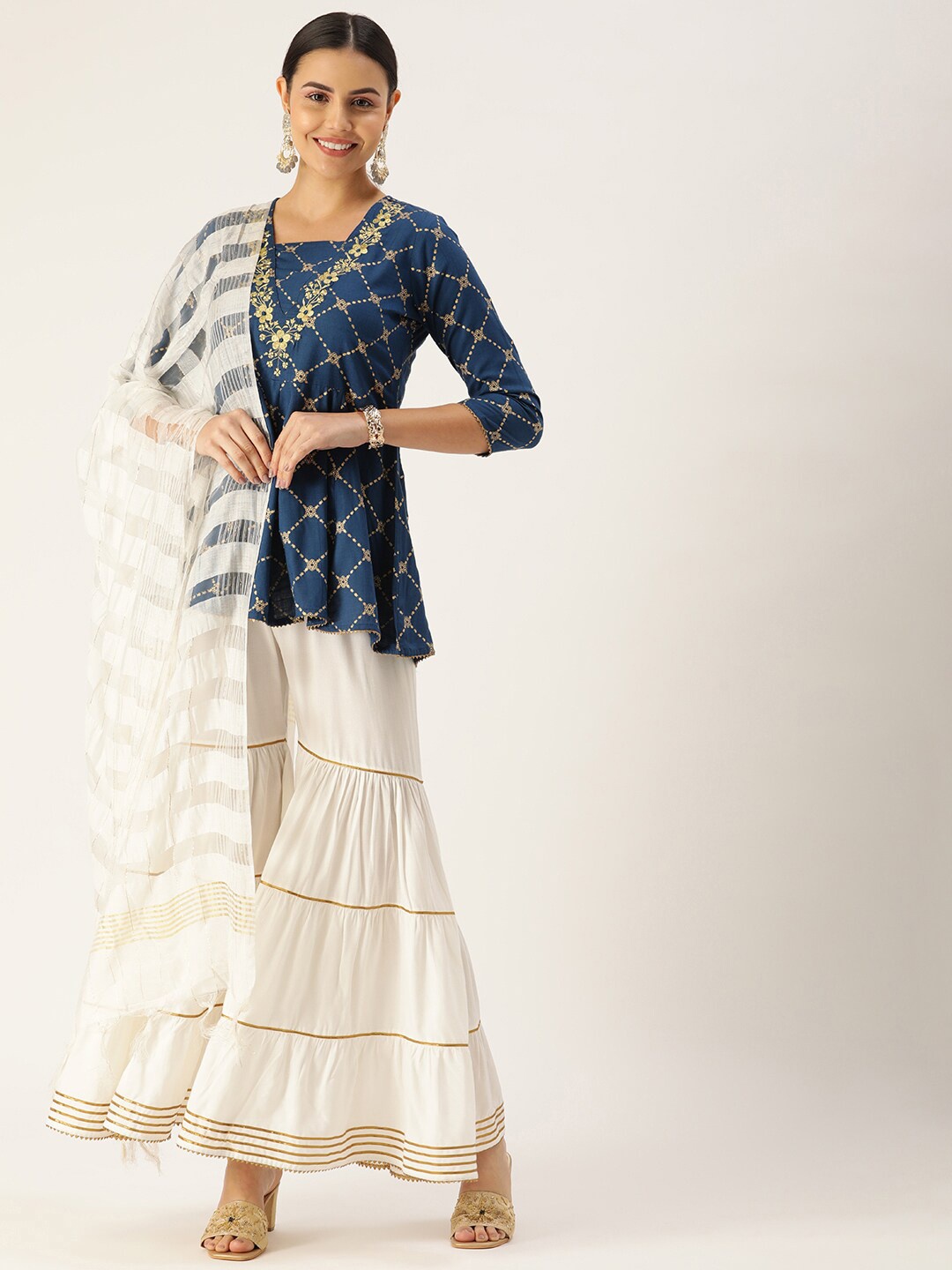 

MAAND Women Printed Empire Thread Work Kurti with Sharara & Dupatta, Navy blue