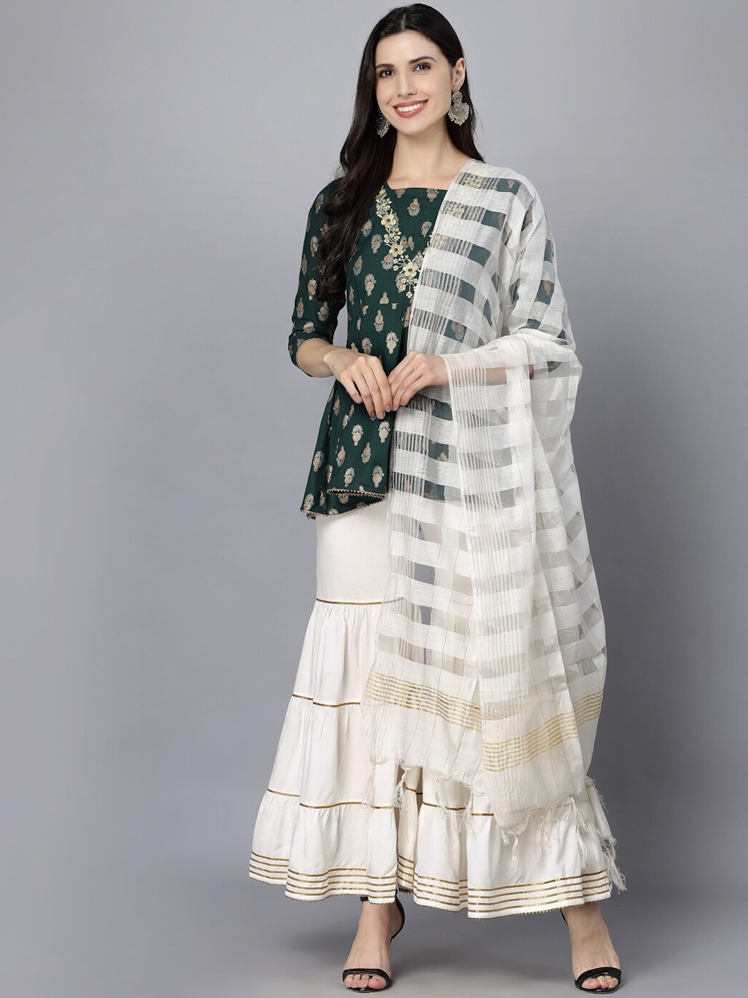 

MAAND Women Printed Empire Thread Work Kurti with Sharara & Dupatta, Green