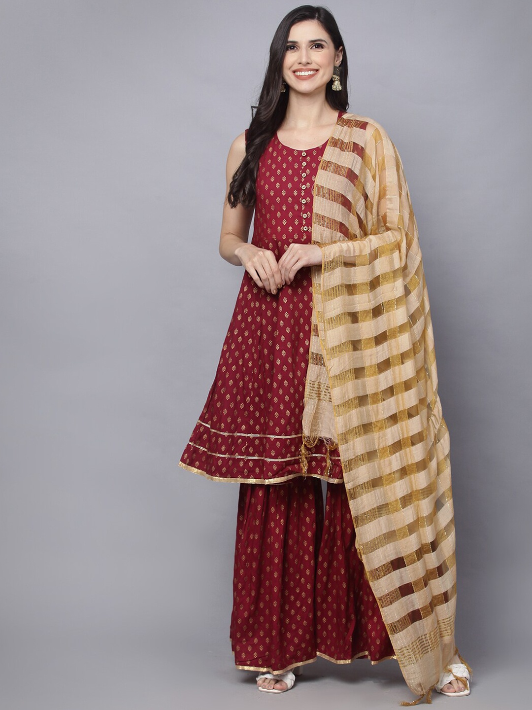 

MAAND Ethnic Motifs Printed Kurta with Sharara & With Dupatta, Maroon