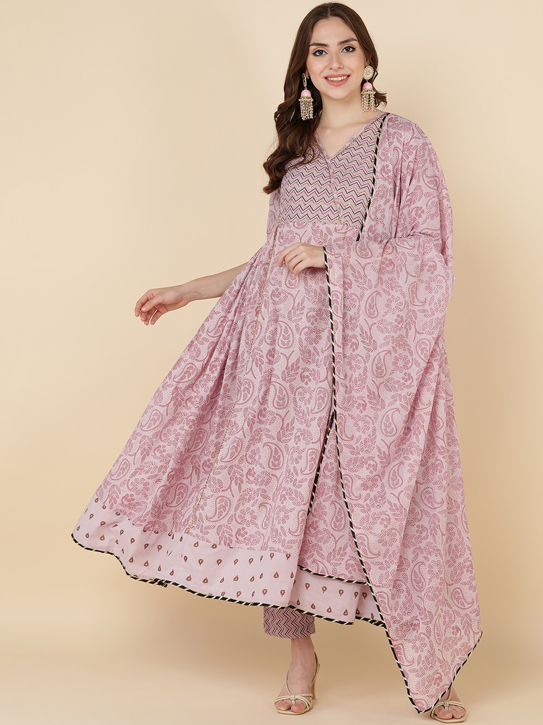 

MAAND Ethnic Motifs Embroidered Sequinned Pure Cotton Kurta with Trousers & Dupatta, Pink