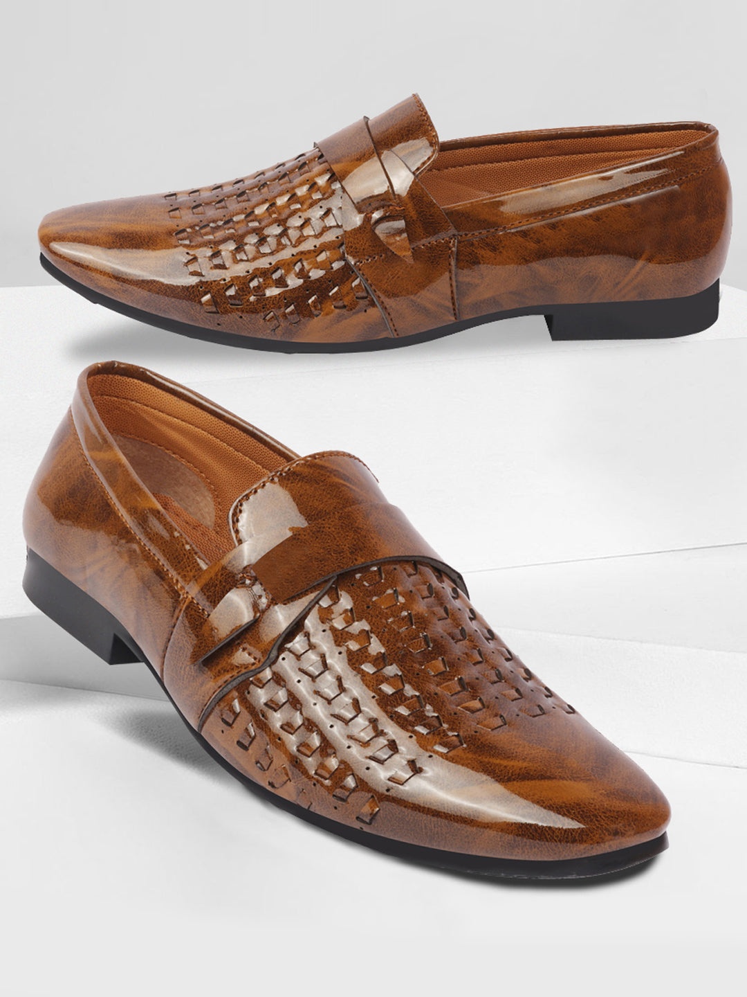 

FAUSTO Men Woven Design Lightweight Patent Leather Loafers, Brown
