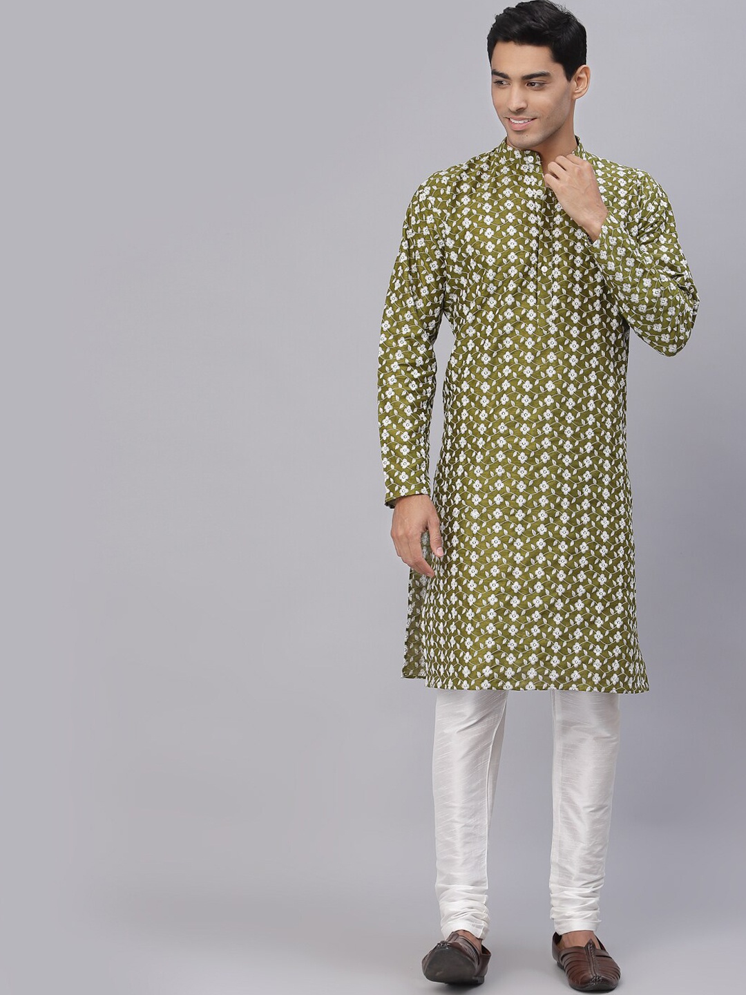 

NEUDIS Floral Embroidered Thread Work Dupion Silk Kurta with Churidar, Green