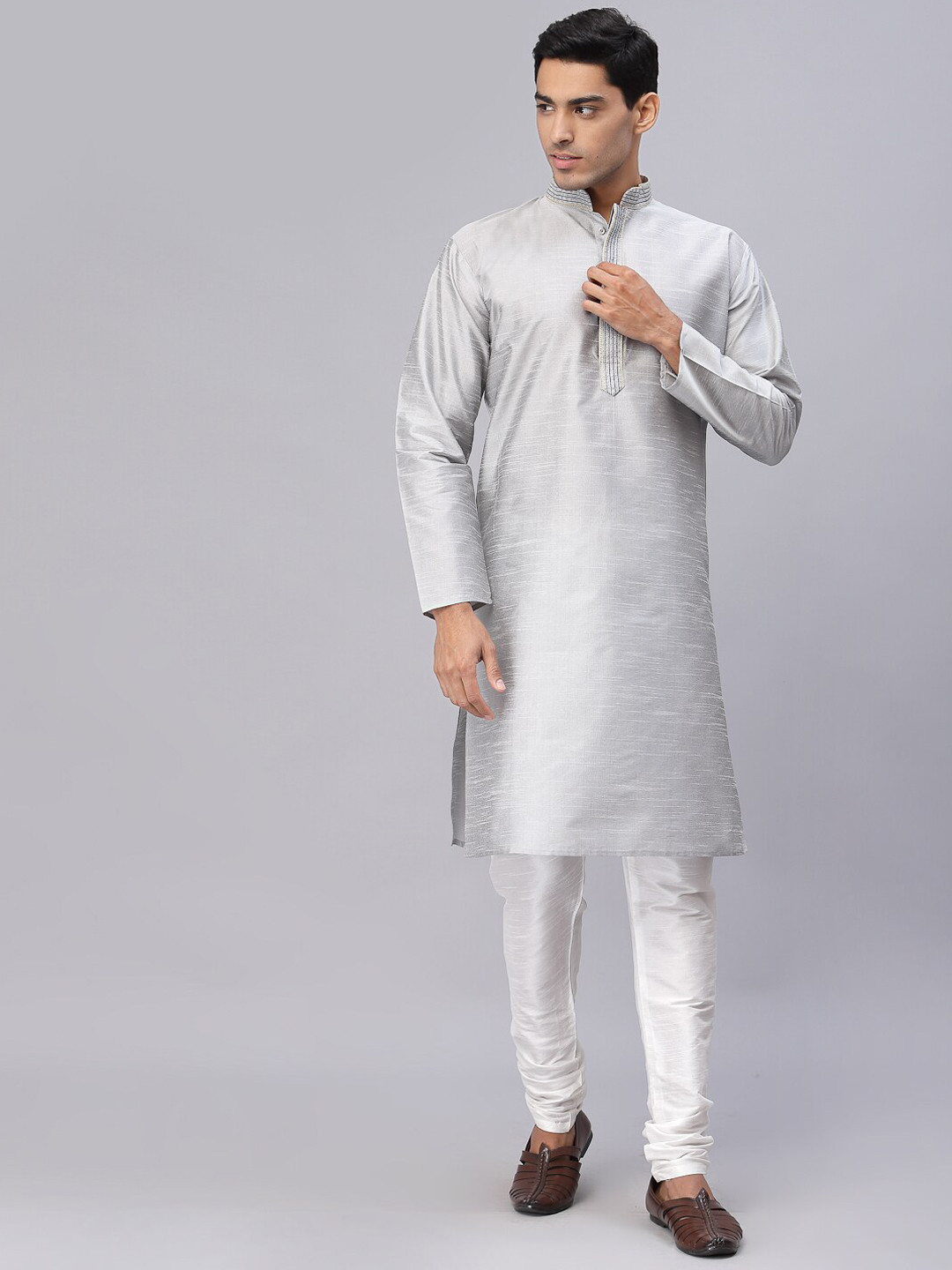 

NEUDIS Men Yoke Design Thread Work Dupion Silk Kurta with Churidar, Grey