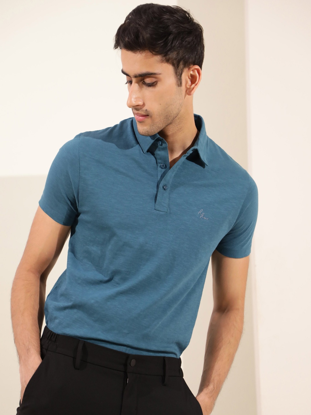 

RARE RABBIT Men Rings-4 Slim Fit Solid Polo Collar T-Shirt, Teal