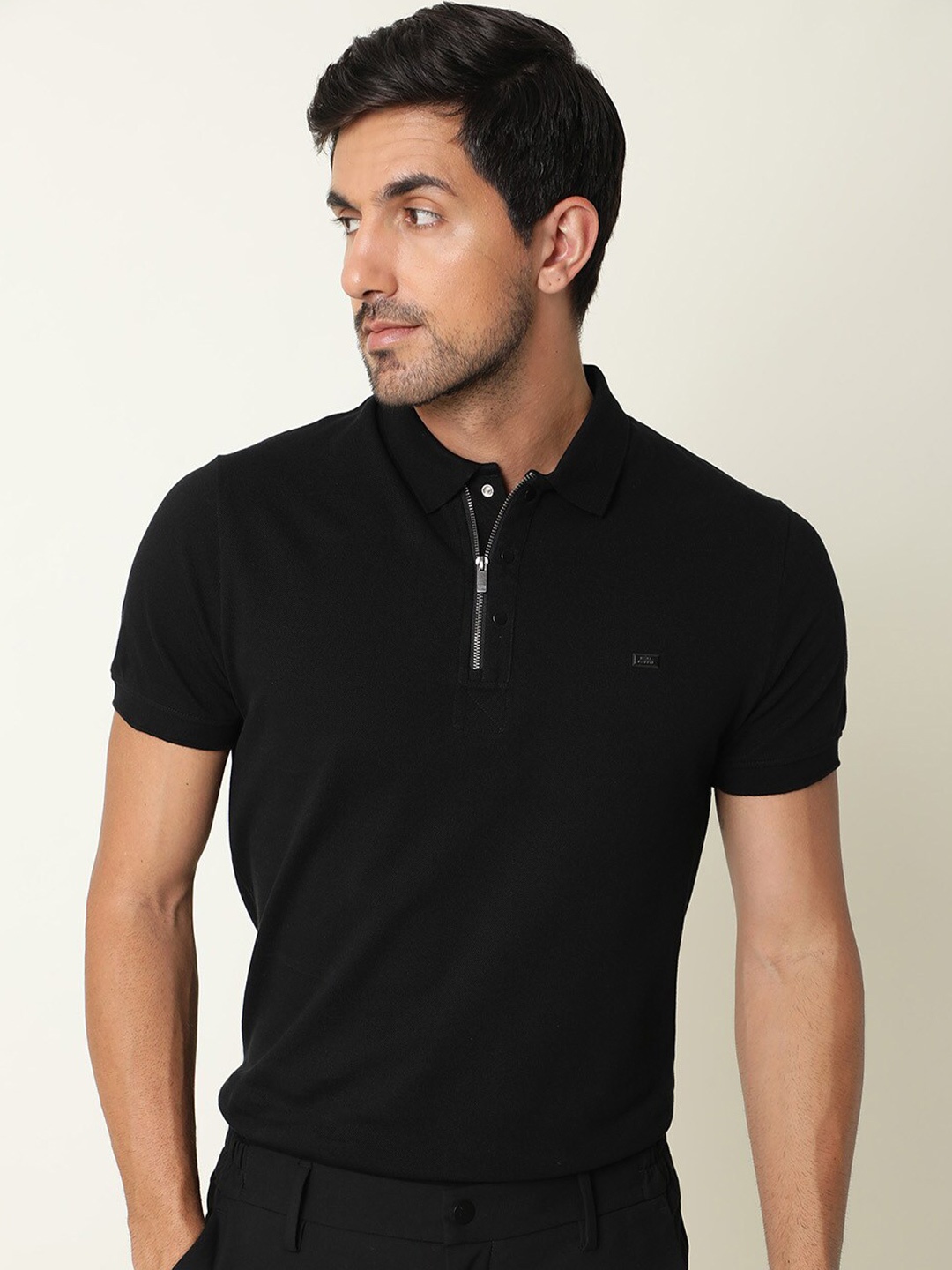 

RARE RABBIT Men Rings-4 Slim Fit Solid Polo Collar T-Shirt, Black