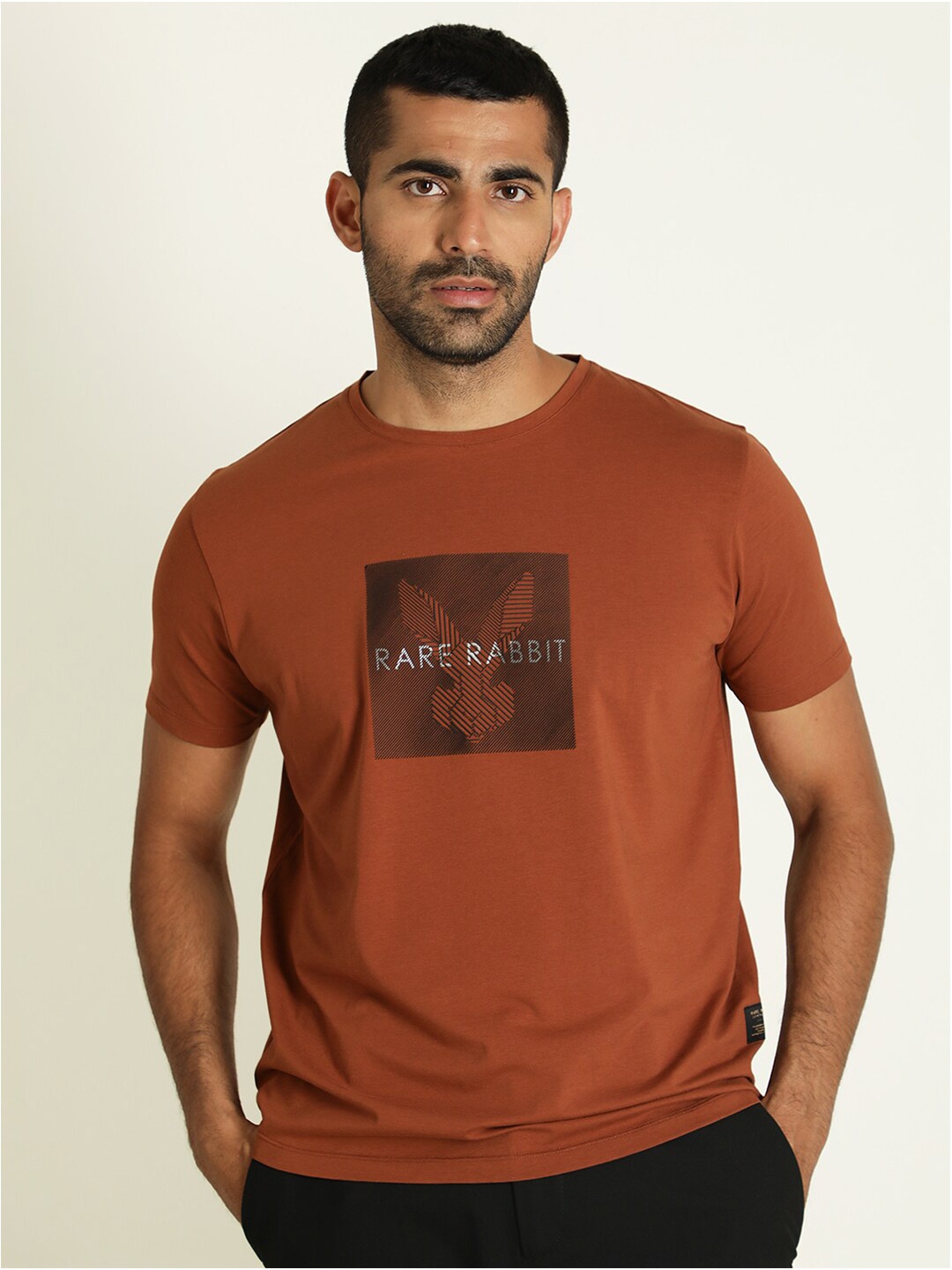 

RARE RABBIT Men Printed Cotton Slim Fit T-shirt, Rust