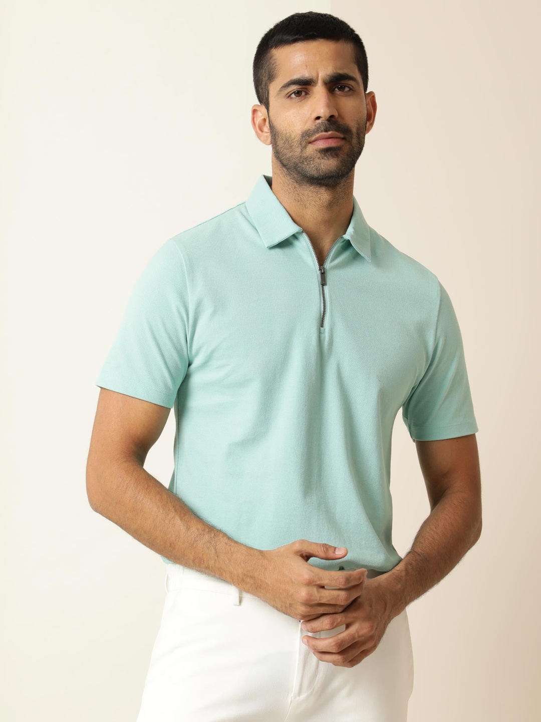 

RARE RABBIT Men Rings-4 Slim Fit Solid Polo Collar T-Shirt, Sea green