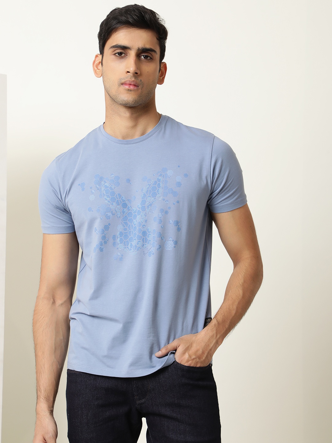 

RARE RABBIT Men Rings-4 Slim Fit Solid Polo Collar T-Shirt, Blue