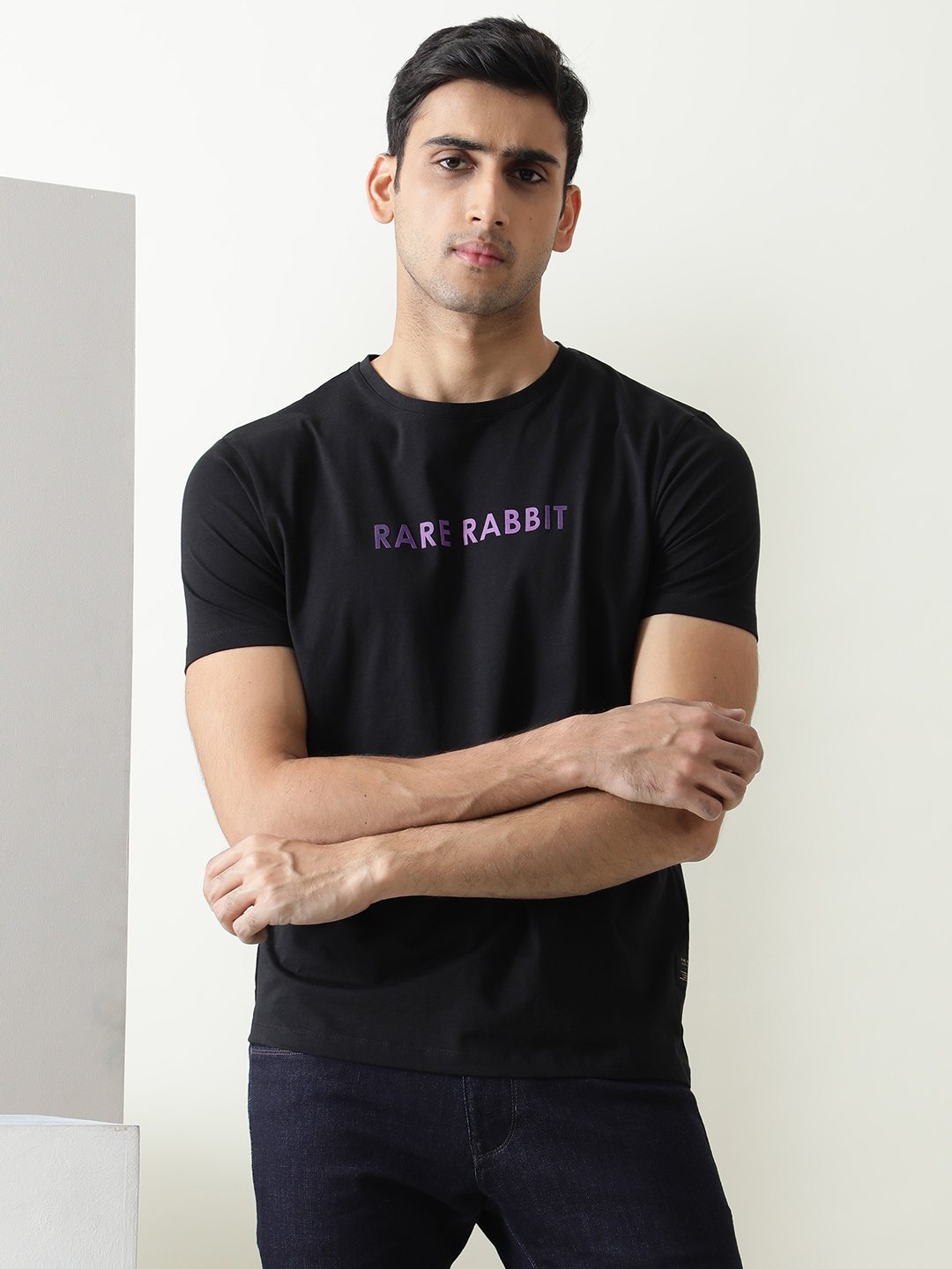 

RARE RABBIT Men Grady Typography Slim Fit Cotton T-Shirt, Black