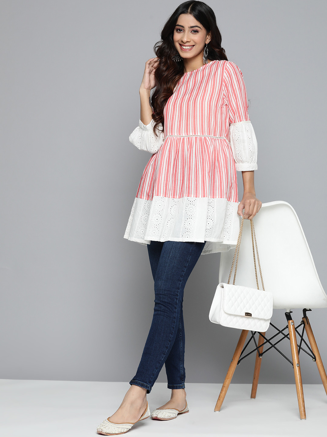 

HERE&NOW Striped Pure Cotton Kurti, Pink