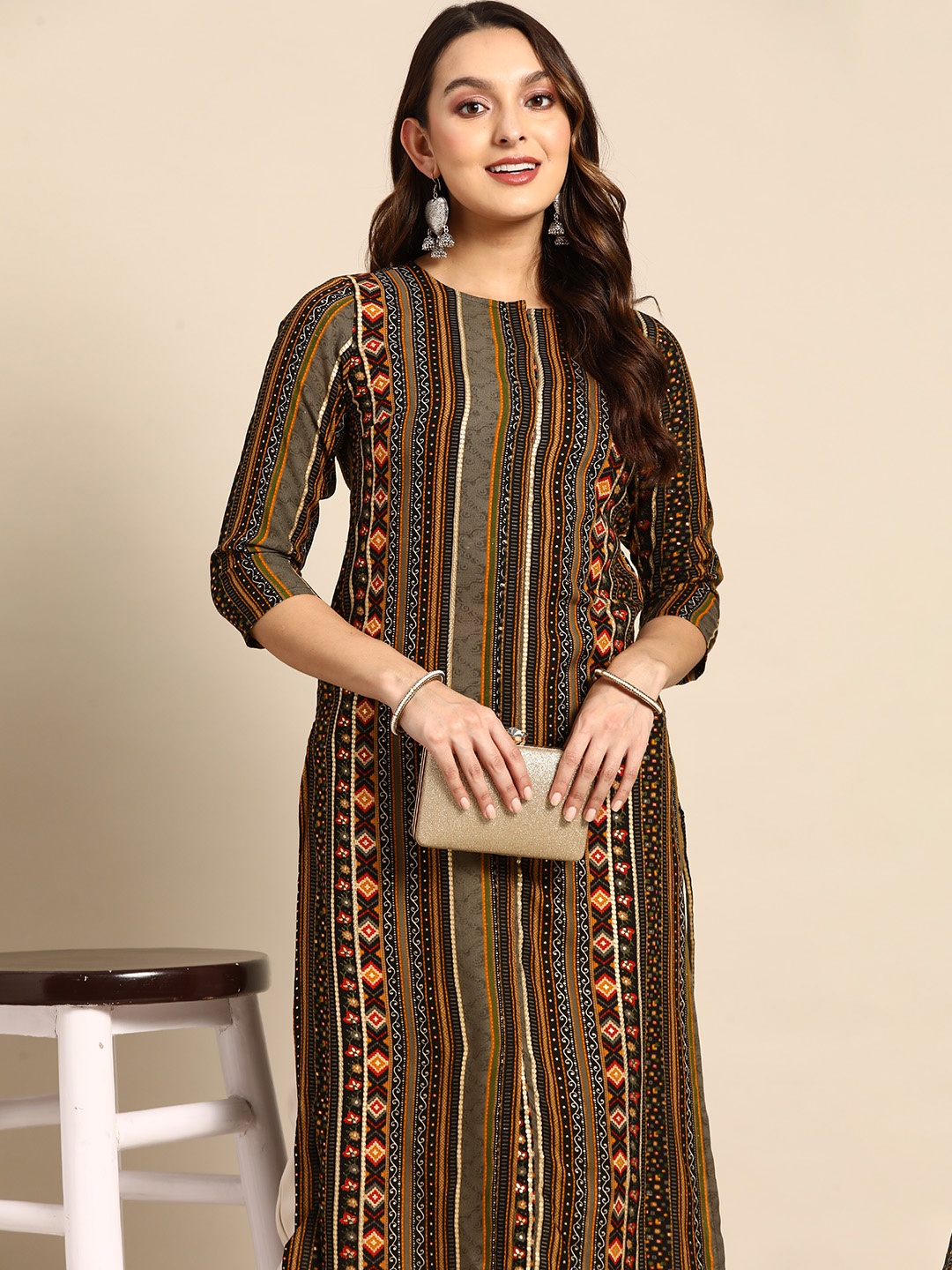 

Anouk Women Tribal Printed Straight Kurta, Brown