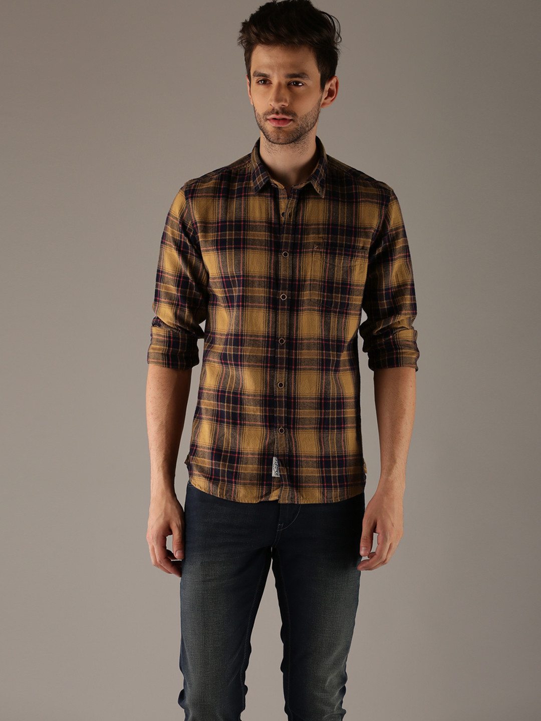 

Flying Machine Men Mustard Yellow & Navy Regular Fit Checked Casual Shirt