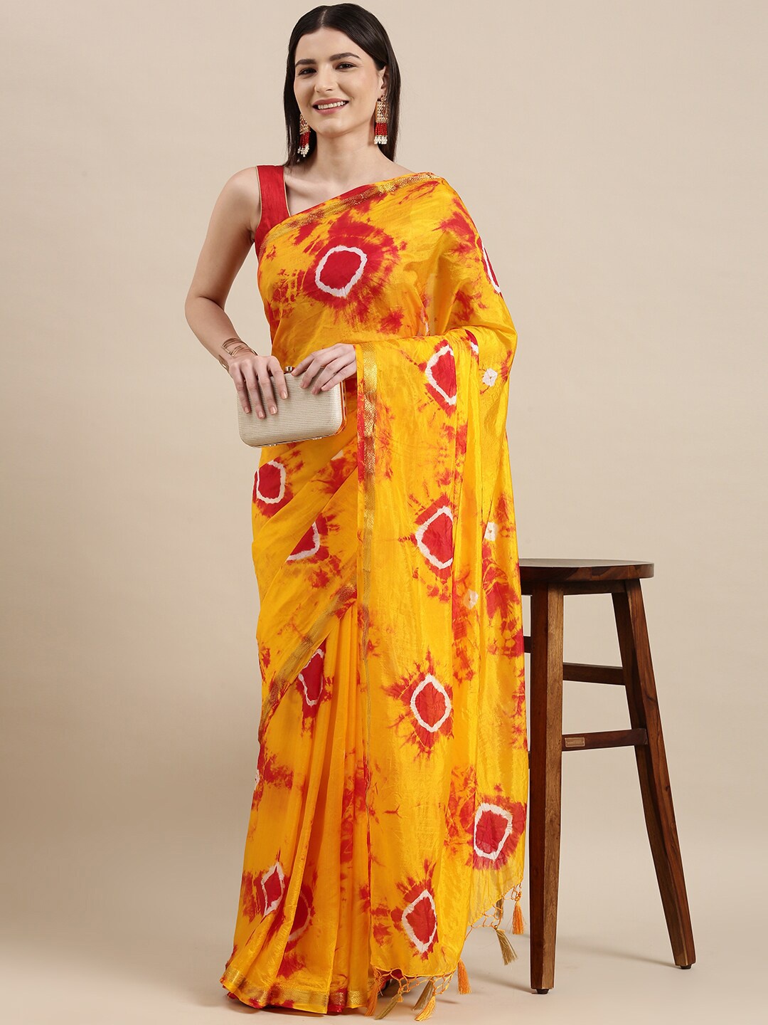 

KALINI Yellow & Red Tie and Dye Zari Art Silk Bandhani Saree