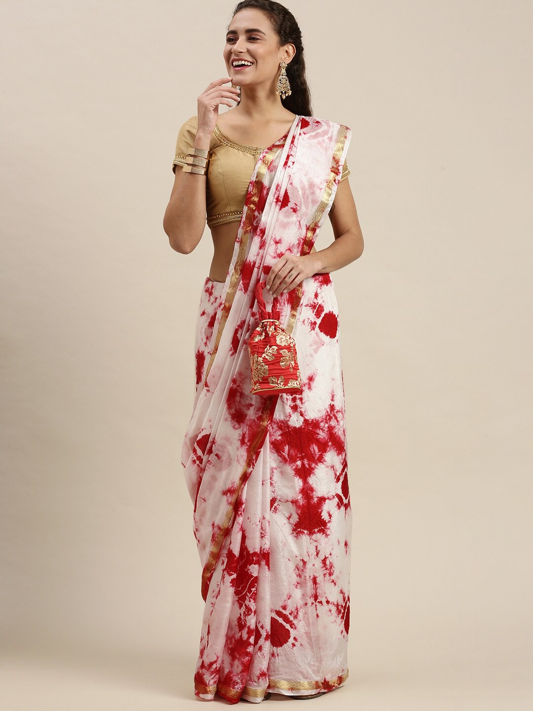 

KALINI White & Red Tie and Dye Zari Art Silk Bandhani Saree