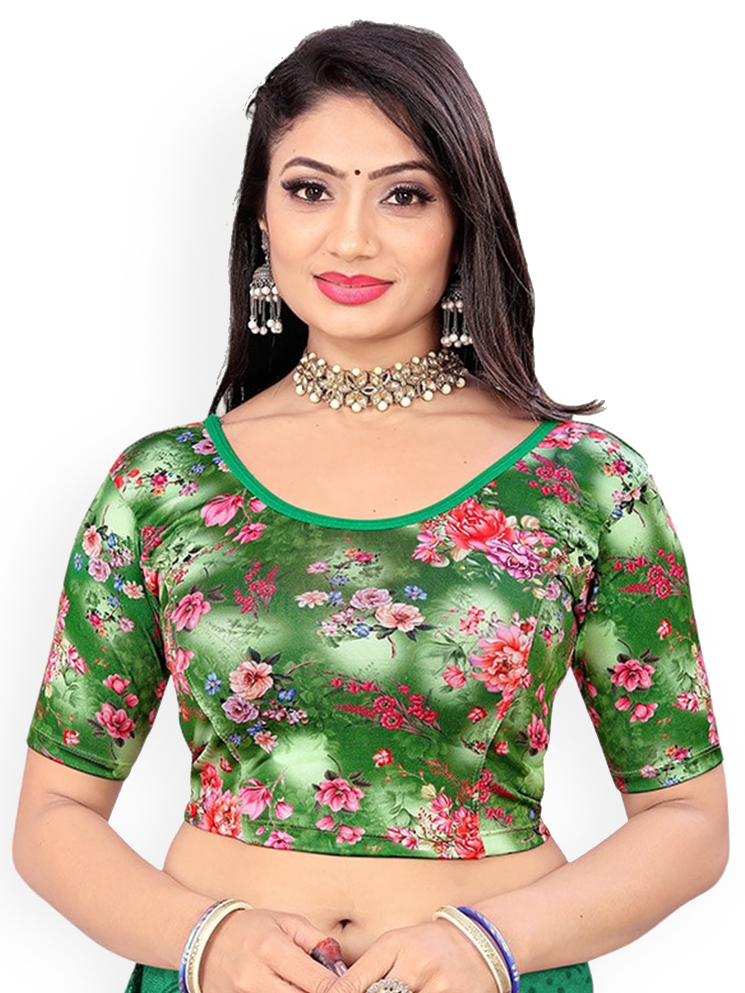 

SERONA FABRICS Digital-Printed Stitched Saree Blouse, Green