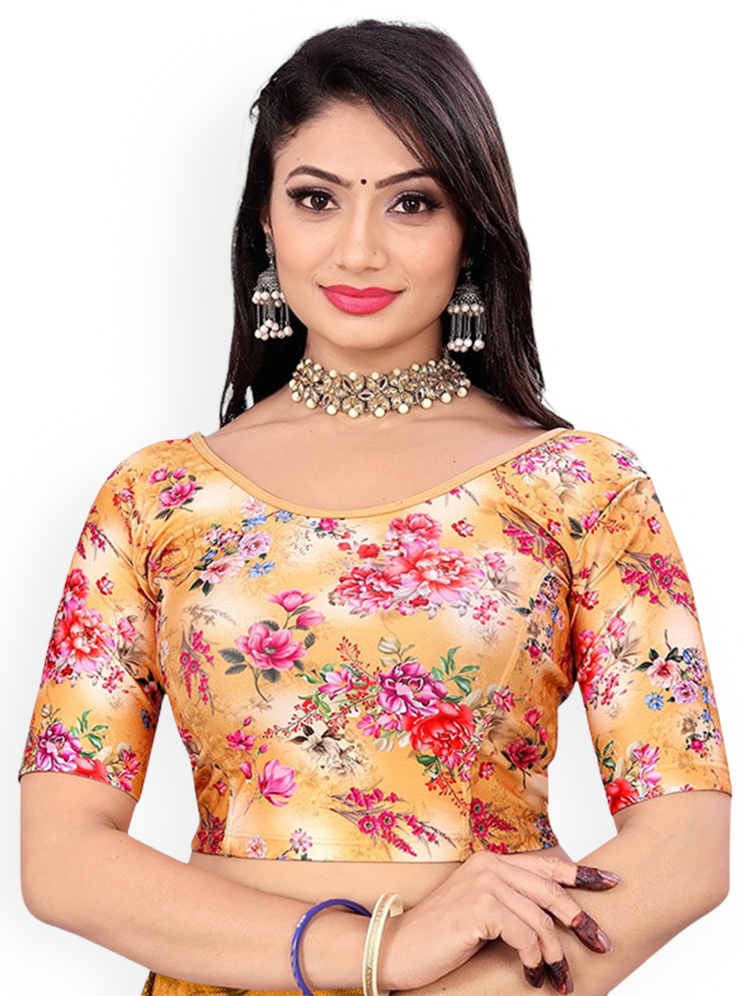 

SERONA FABRICS Digital Floral Printed Short Sleeves Saree Blouse, Peach