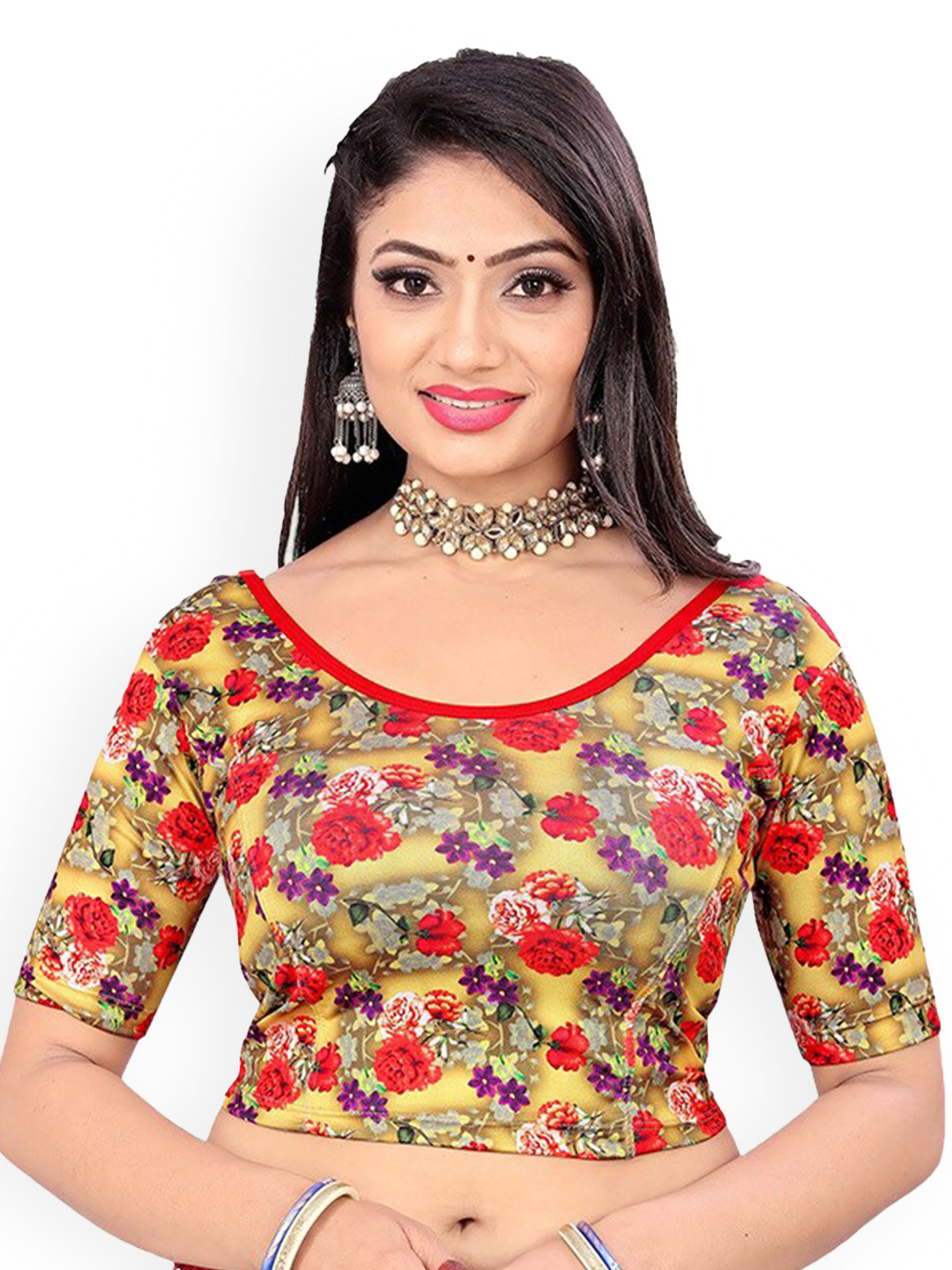

SERONA FABRICS Digital Floral Printed Short Sleeves Saree Blouse, Yellow