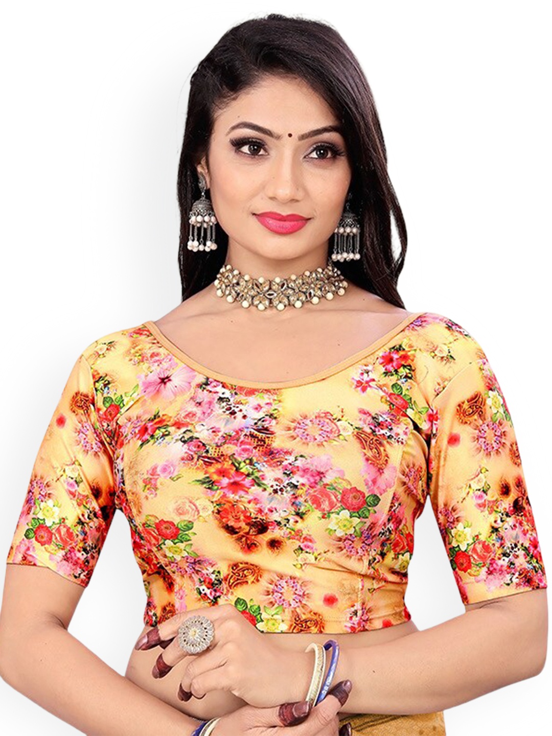 

SERONA FABRICS Digital Floral Printed Short Sleeves Saree Blouse, Yellow