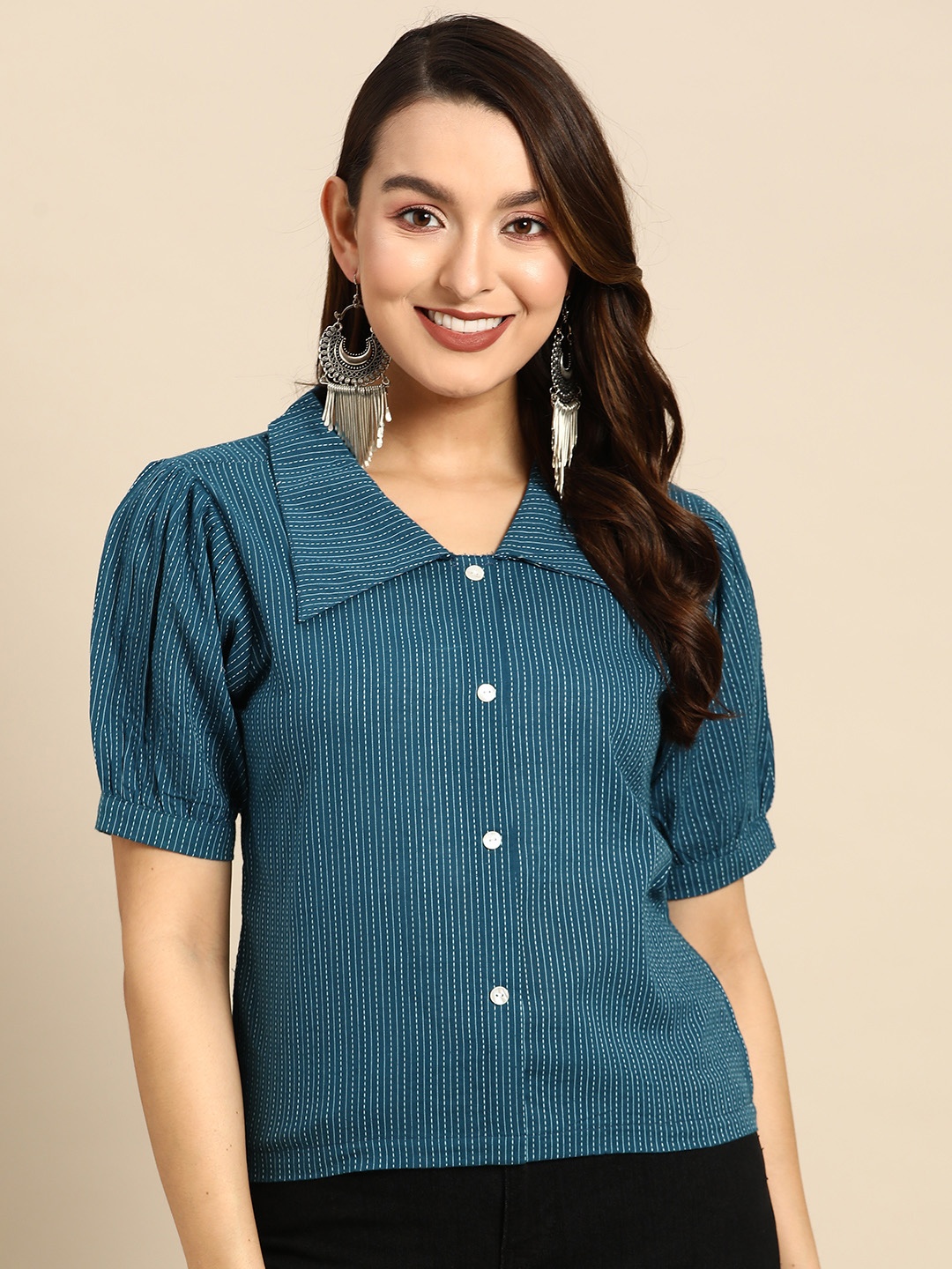 

Sangria Striped Puff Sleeves Shirt Style Top, Blue