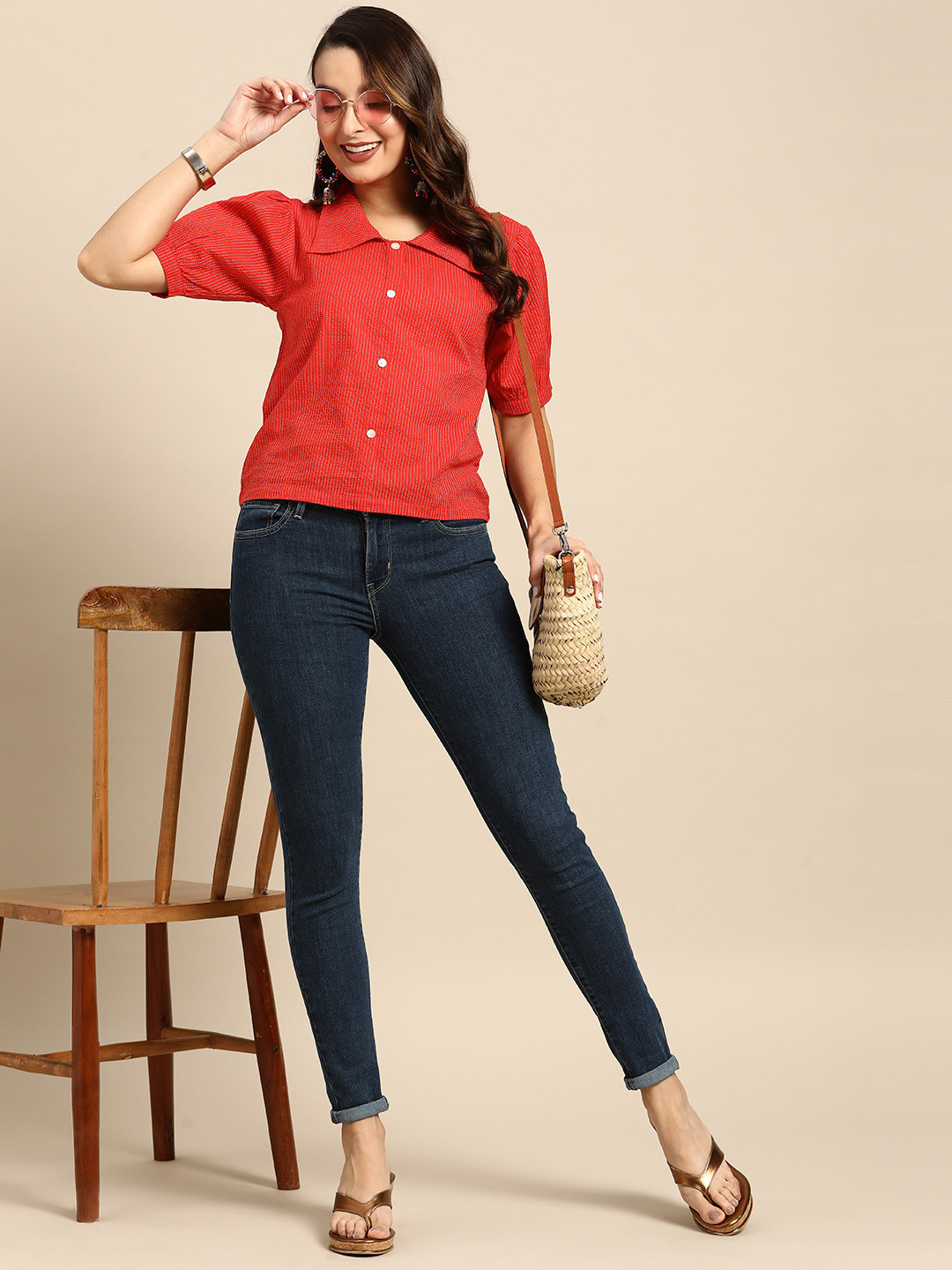 

Sangria Striped Puff Sleeves Shirt Style Top, Red