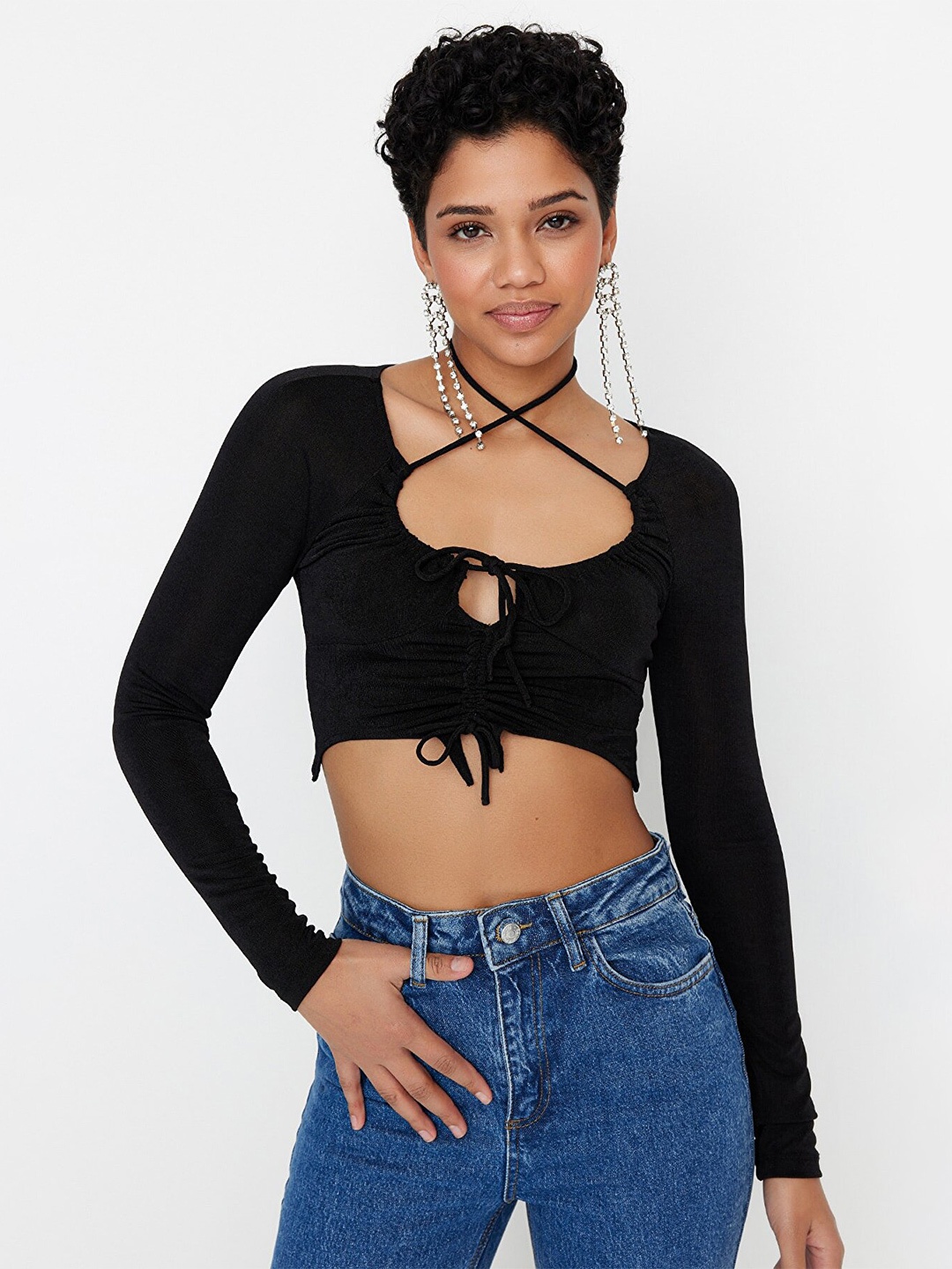 

Trendyol Tie-Up Neck Crop Top, Black