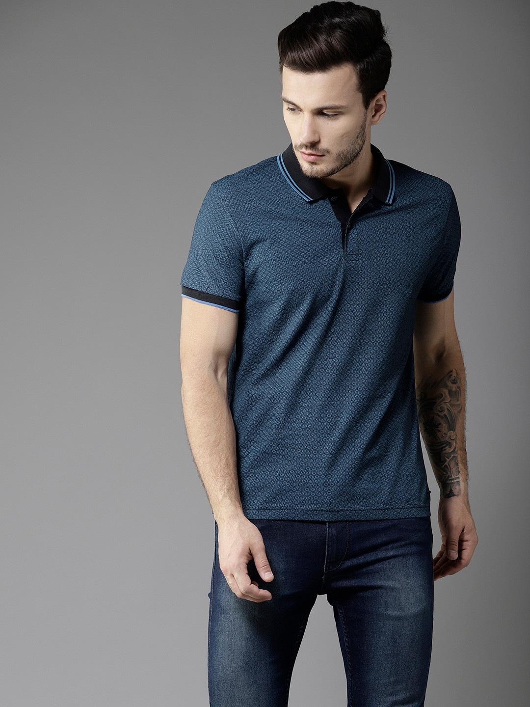 

Flying Machine Men Blue Printed Polo Collar T-shirt