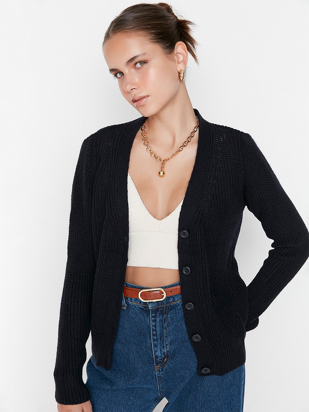 

Trendyol Women Self Design Open Knit Cardigan, Navy blue