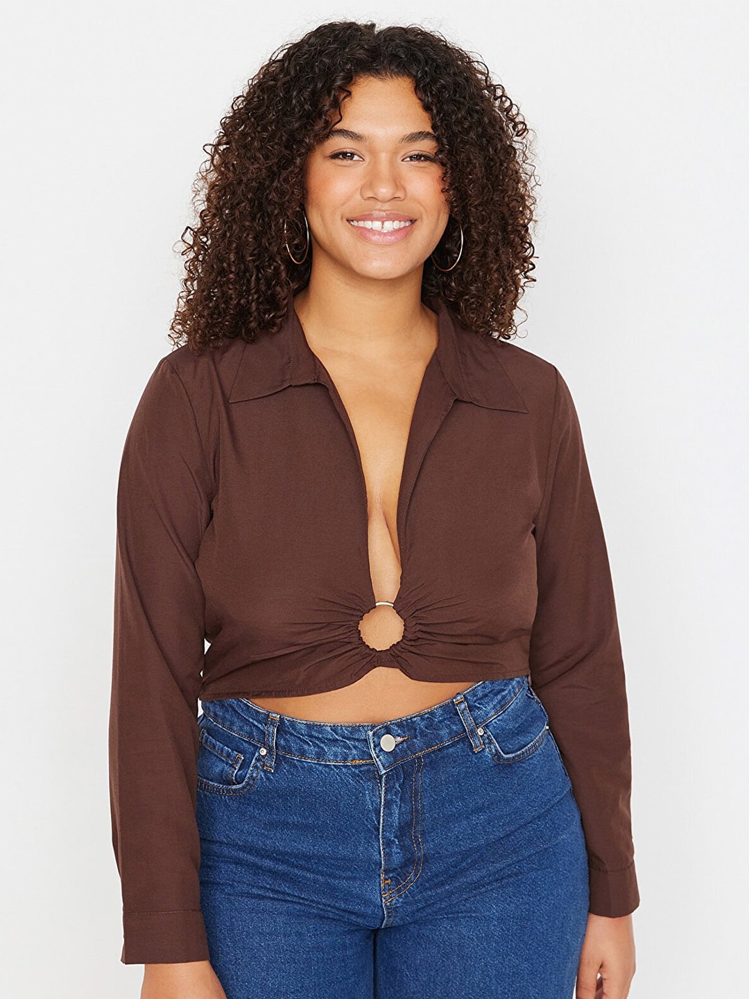 

Trendyol Shirt Style Crop Top, Brown