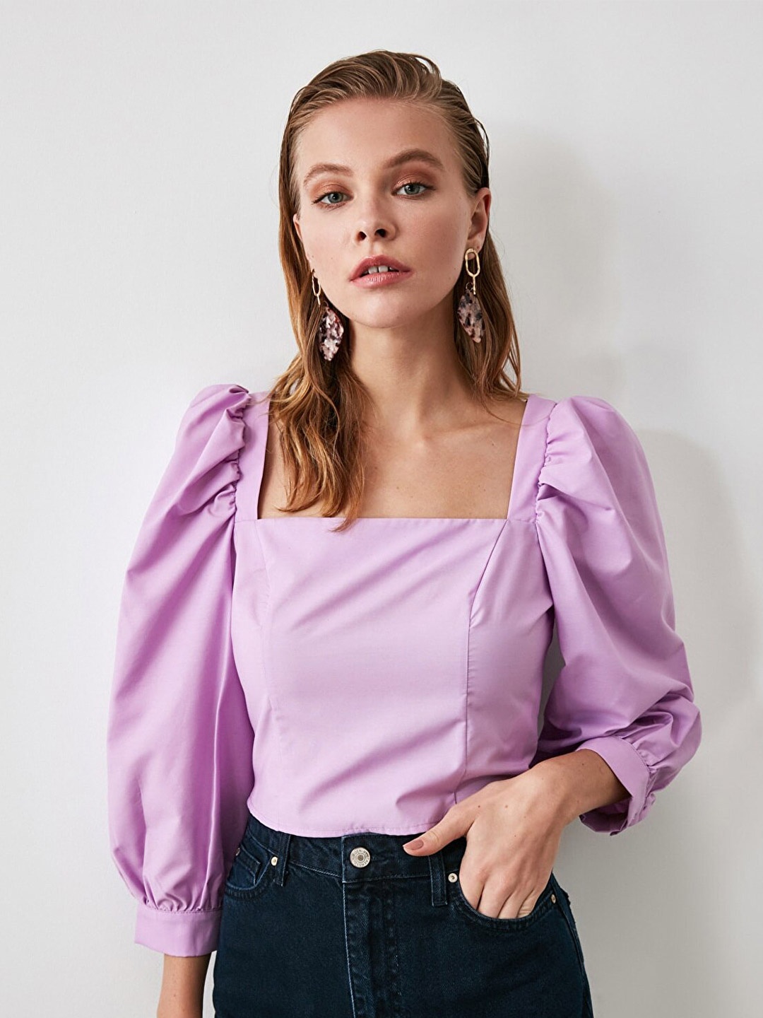 

Trendyol Square Neck Puff Sleeves Top, Lavender