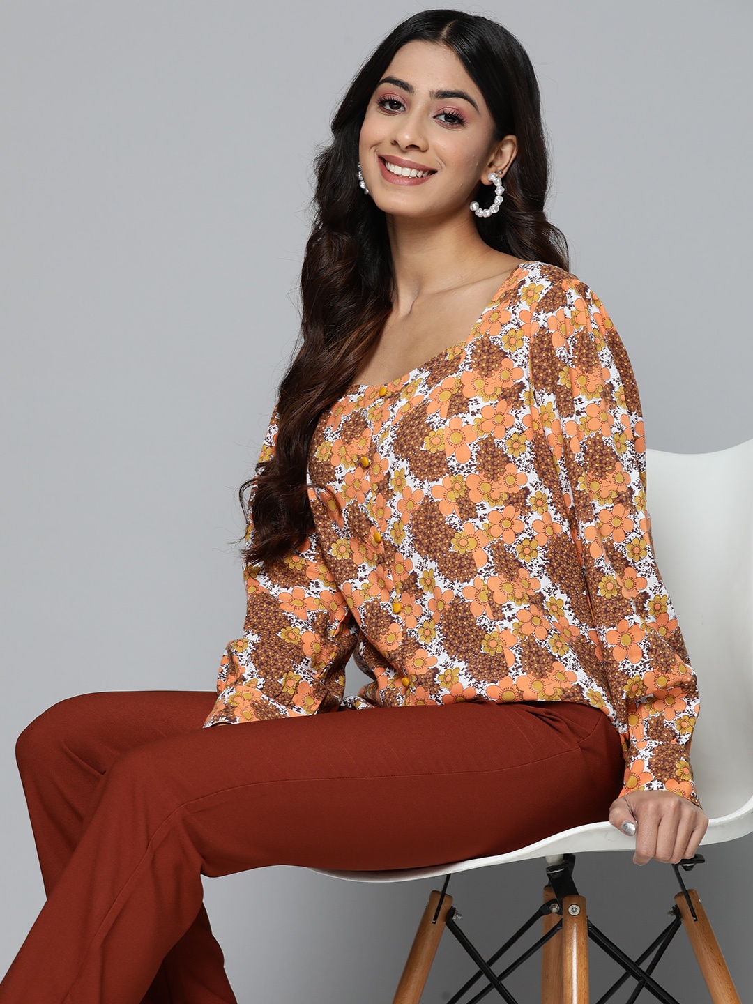 

HERE&NOW Floral Print Puff Sleeves Sweetheart Neck Longline Top, Multi