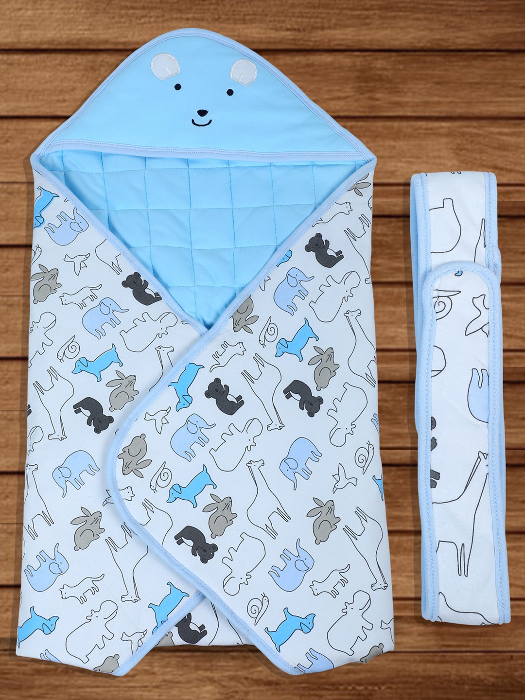 Baby Moo Infants Mr Bear Warm Hooded Quilted Wrapper, Blue