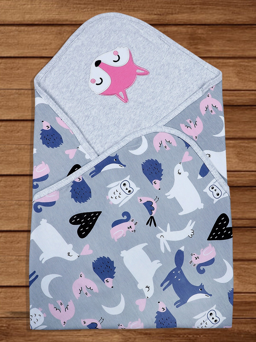 

Baby Moo Infants Sleepy Fox Printed Soft Reversible Cotton Wrapper, Grey
