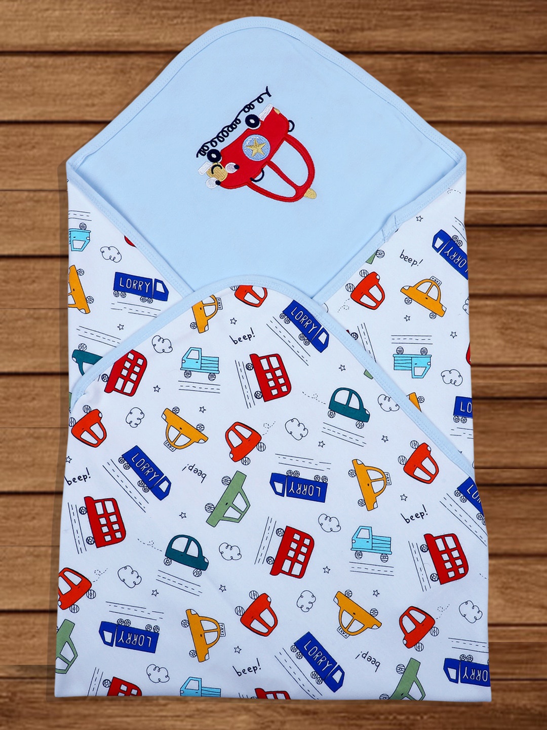 

Baby Moo Infants Traffic Jam Car Embroidered Soft Reversible Cotton Wrapper, Blue
