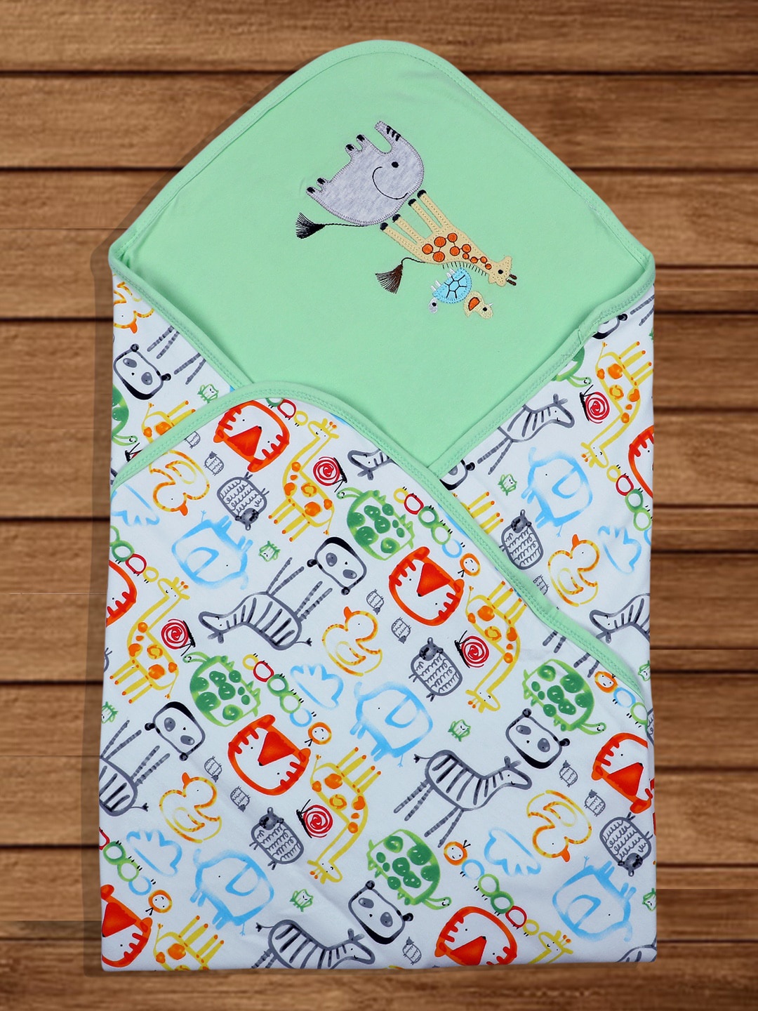 

Baby Moo Infants Animal Embroidered Soft Reversible Cotton Wrapper, Green