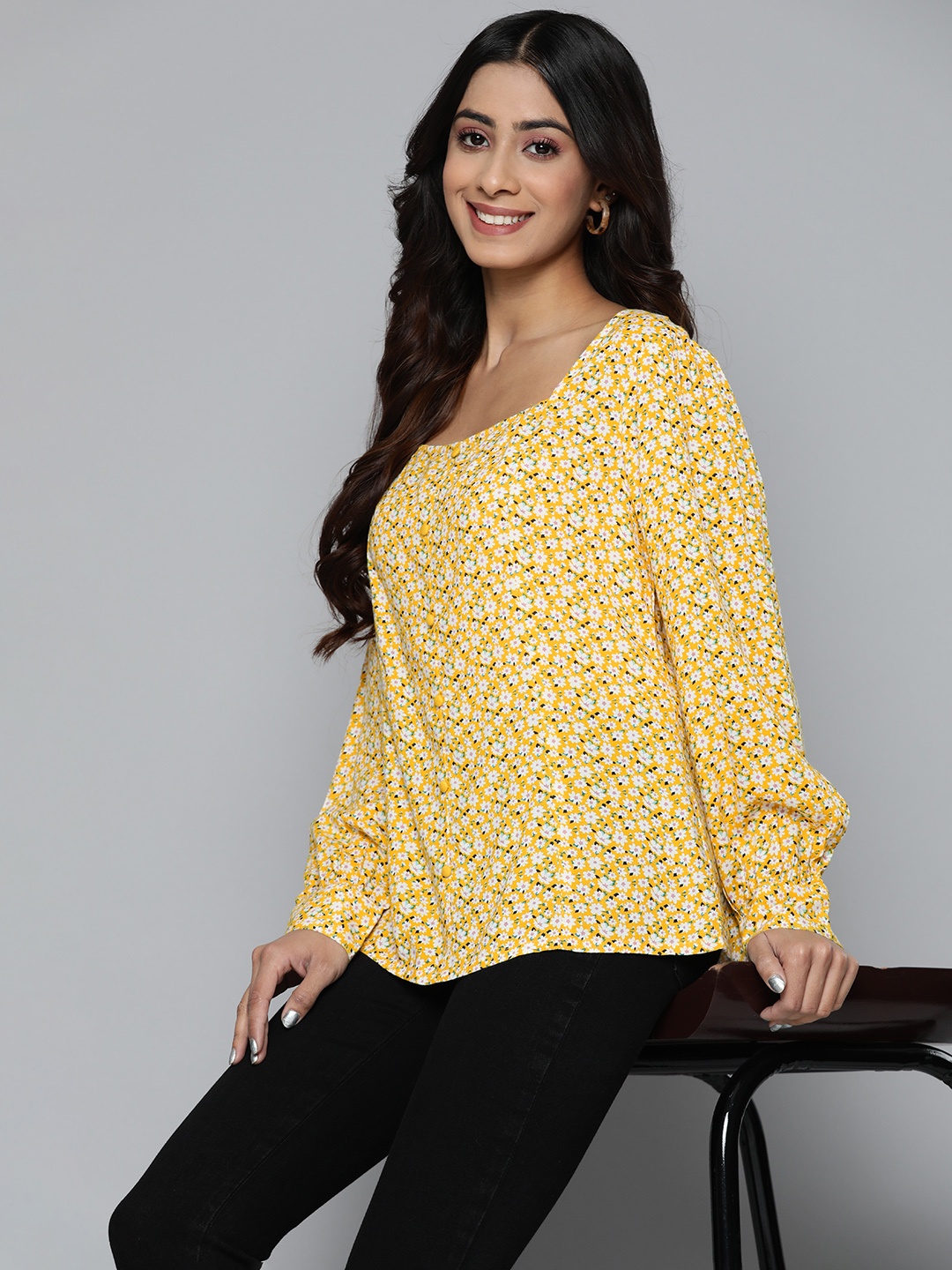 

HERE&NOW Floral Print Puff Sleeves Sweetheart Neck Longline Top, Yellow