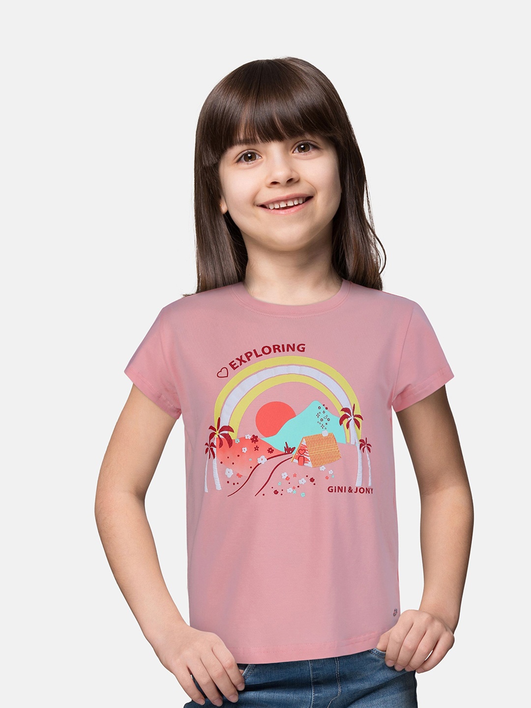 

Gini and Jony Girls Graphic Printed Cotton Top, Pink
