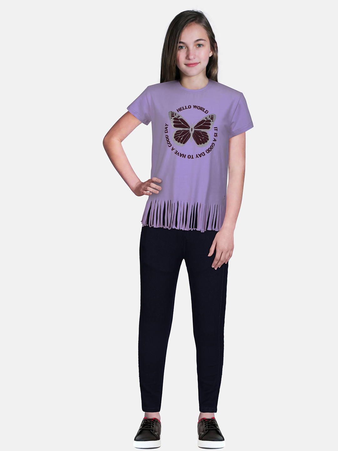 

Gini and Jony Girls Graphic Printed Fringed Cotton Top, Lavender