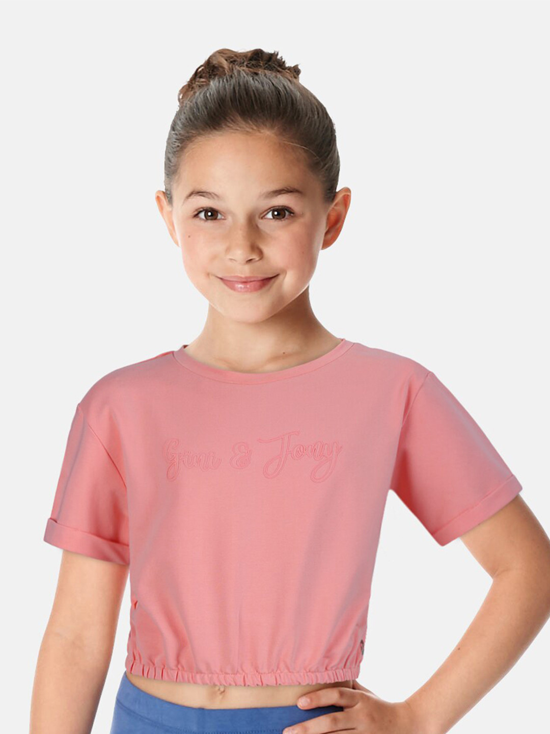 

Gini and Jony Girls Typography Printed Crop Cotton Top, Pink