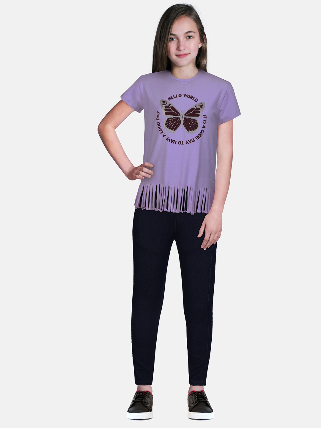 

Gini and Jony Girls Typography Printed Raw Edge Cotton T-shirt, Purple