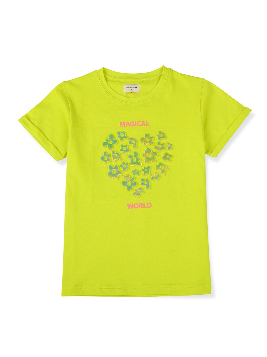 

Gini and Jony Girls Floral Printed Cotton T-shirt, Lime green
