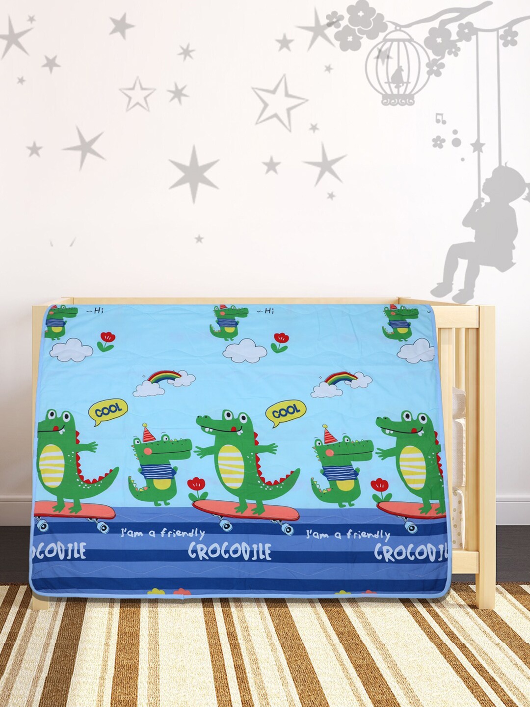 

Baby Moo Kids Blue & Green Printed Heavy Winter 210 GSM Cotton Single Bed Blanket