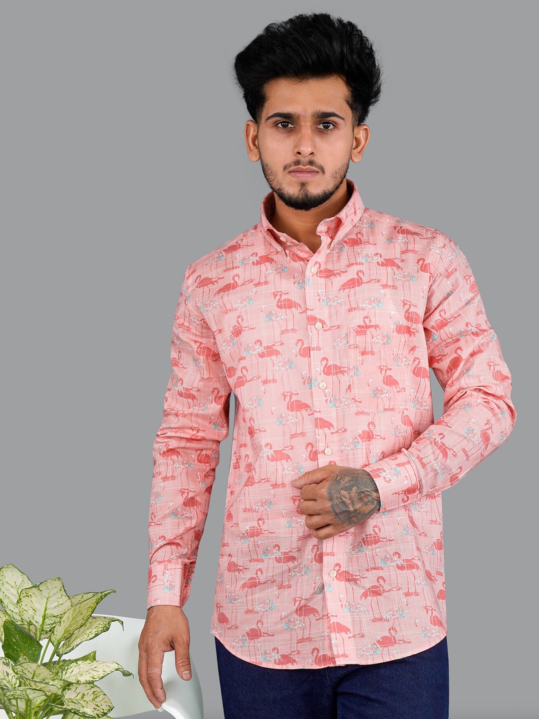 

FRENCH CROWN Men Standard Printed Casual Cotton Shirt, Pink