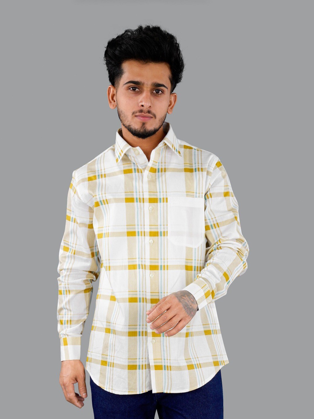 

FRENCH CROWN Men Standard Tartan Checked Casual Cotton Shirt, White