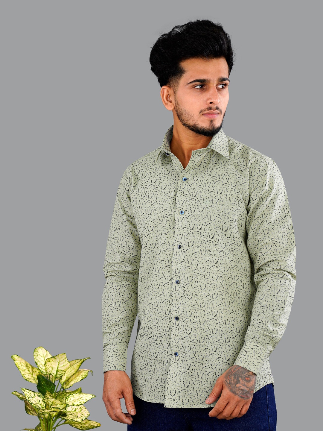 

FRENCH CROWN Men Standard Floral Printed Formal Linen Shirt, Green
