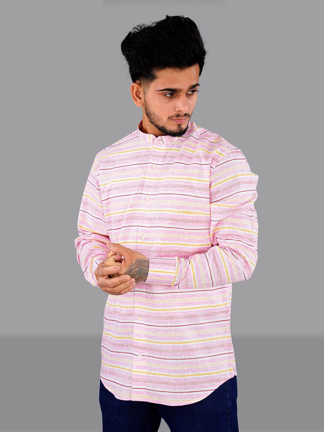 

FRENCH CROWN Men Standard Horizontal Striped Casual Linen Shirt, Pink